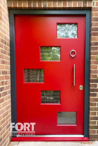 00002 Ruby Red Single Fs Security Door With Door Knocker And Glass Fsdoors Co Uk