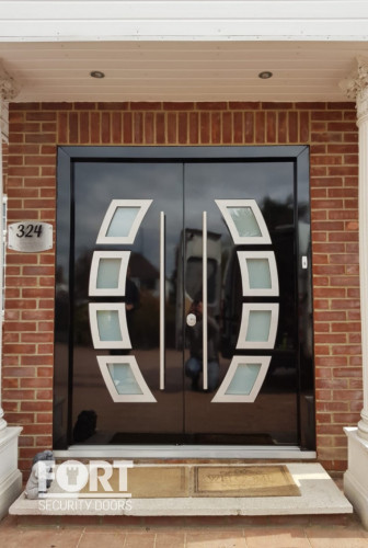 00047 Black Fs Security Double Door With Bespoke Central Glass Fsdoors Co Uk
