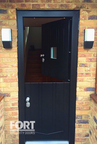 00053 Single Black Stable Door With Square Glass And Vertical Lines Fs Security Doors Fsdoors Co Uk