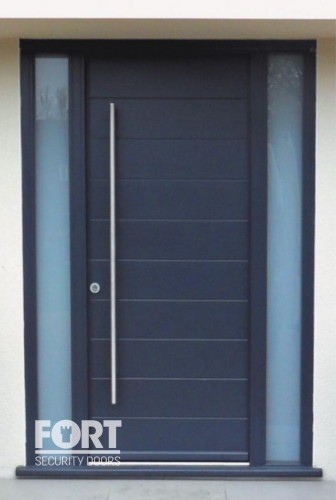 00075 Single Contemporary Door With Aluminium Inlays And Two Glass Panels Fsdoors Co Uk
