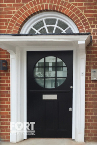 00077 Bespoke Single Black Front Door With Transom And Central Circle Window Panes Fsdoors Co Uk