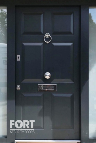 00081 Fs Security Contemporary Black Door With Fingerprint Reader And 2 Large Side Glazed Panels Fsdoors Co Uk