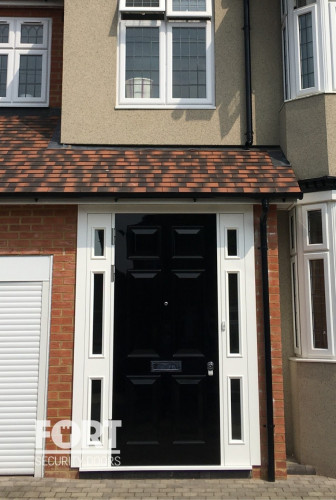 00093 Single Black Fs Security Door 6 Panel Victorian With Side Glass Panels Fsdoors Co Uk
