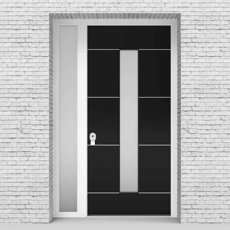 6.single Door With Left Side Panel 4 Aluminium Inlays With Central Glass Jet Black (ral9005)