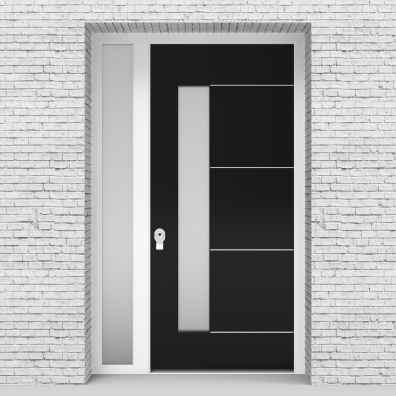 6.single Door With Left Side Panel 4 Aluminium Inlays With Lock Side Glass Jet Black (ral9005)