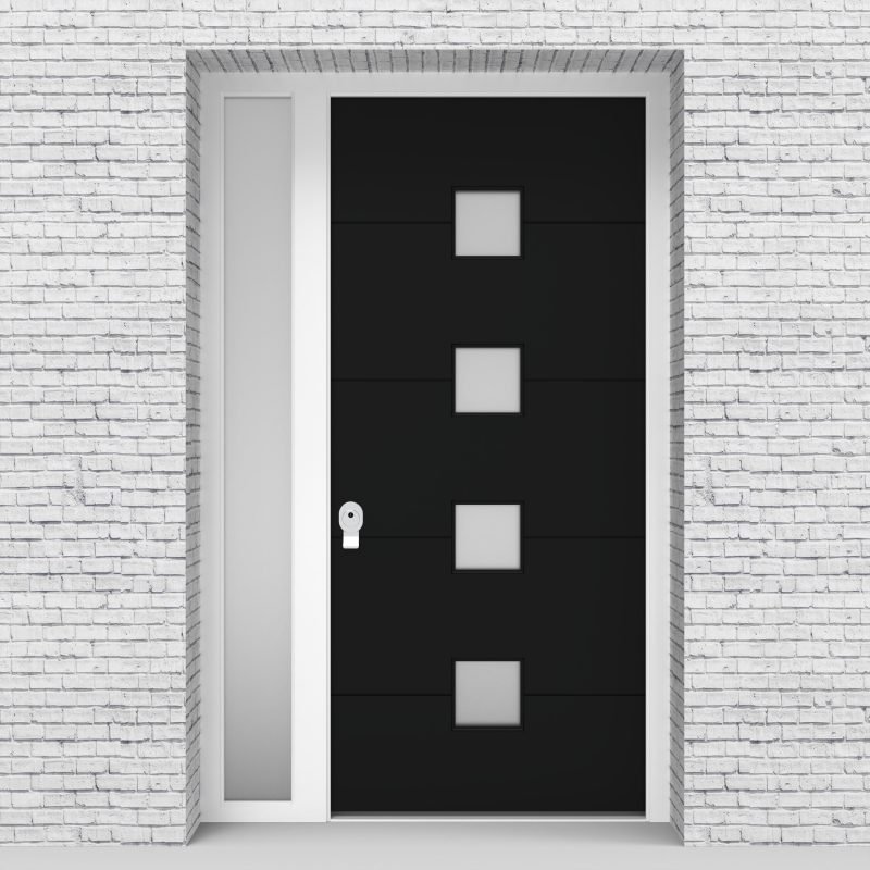 6.single Door With Left Side Panel 4 Horizontal Lines With 4 Glass Jet Black (ral9005)