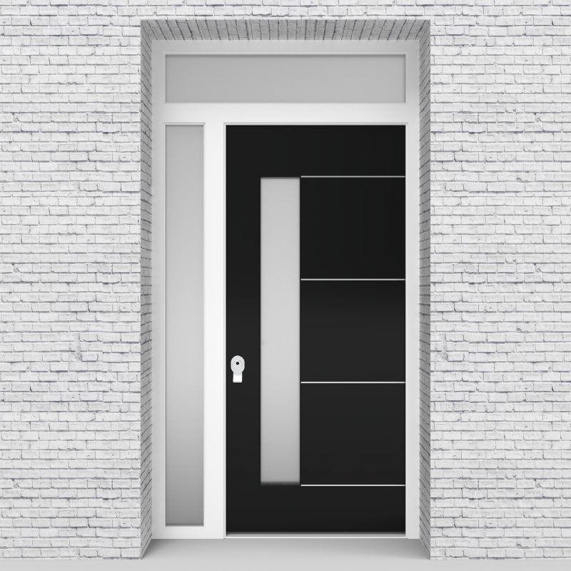6.single Door With Left Side Panel And Transom 4 Aluminium Inlays With Lock Side Glass Jet Black (ral9005)