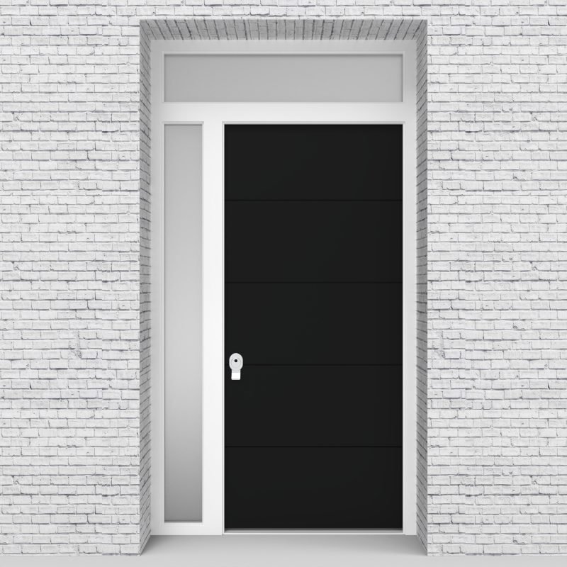 6.single Door With Left Side Panel And Transom 4 Horizontal Lines Jet Black (ral9005)