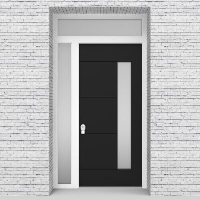 6.single Door With Left Side Panel And Transom 4 Horizontal Lines With Hinge Side Glass Jet Black (ral9005)