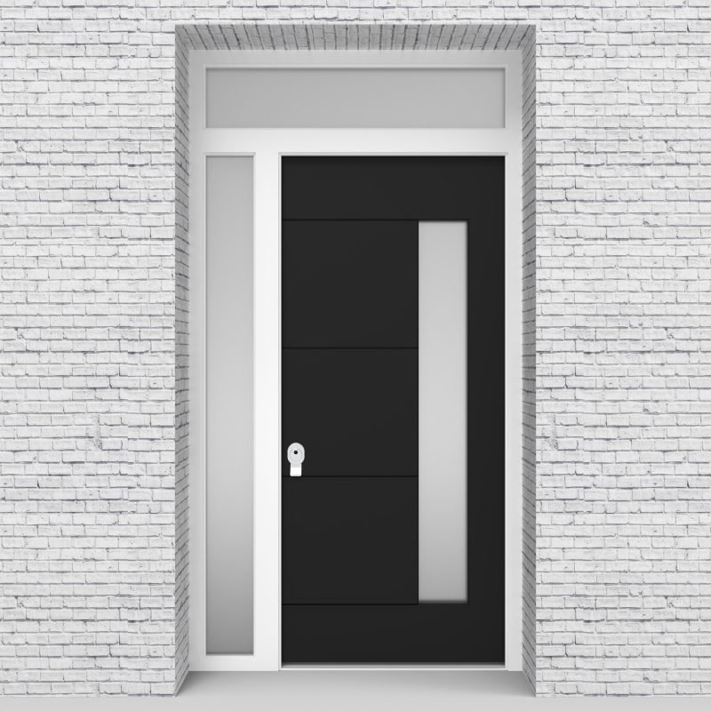 6.single Door With Left Side Panel And Transom 4 Horizontal Lines With Hinge Side Glass Jet Black (ral9005)