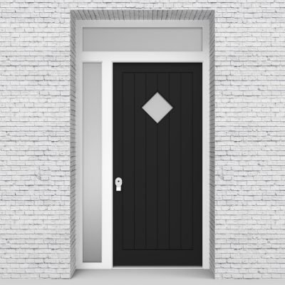 6.single Door With Left Side Panel And Transom 7 Vertical Lines With Diamond Pane Jet Black (ral9005)