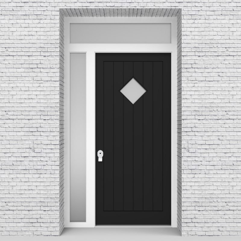 6.single Door With Left Side Panel And Transom 7 Vertical Lines With Diamond Pane Jet Black (ral9005)