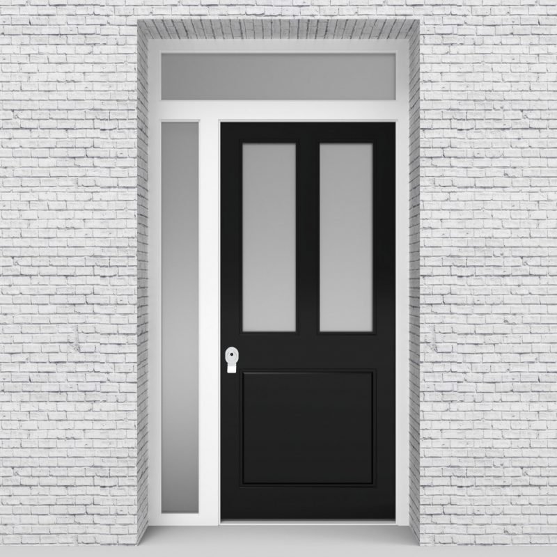 6.single Door With Left Side Panel And Transom Edwardian 3 Panel With 2 Glass Panes Jet Black (ral9005)