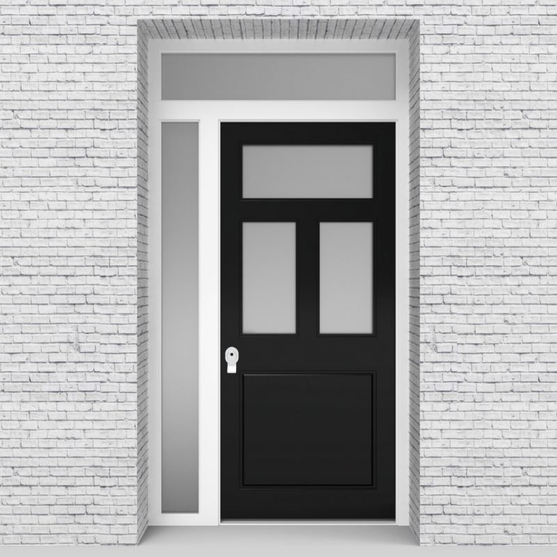 6.single Door With Left Side Panel And Transom Edwardian 4 Panel With 3 Glass Panes Jet Black (ral9005)