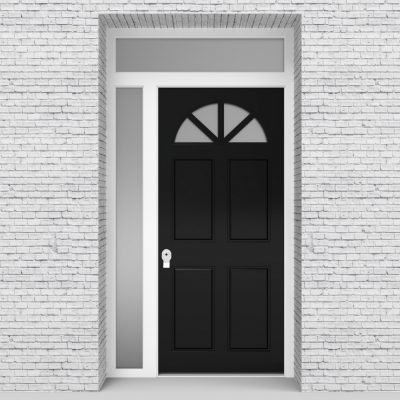 6.single Door With Left Side Panel And Transom Edwardian 4 Panel With Arched Glass Pane Jet Black (ral9005)