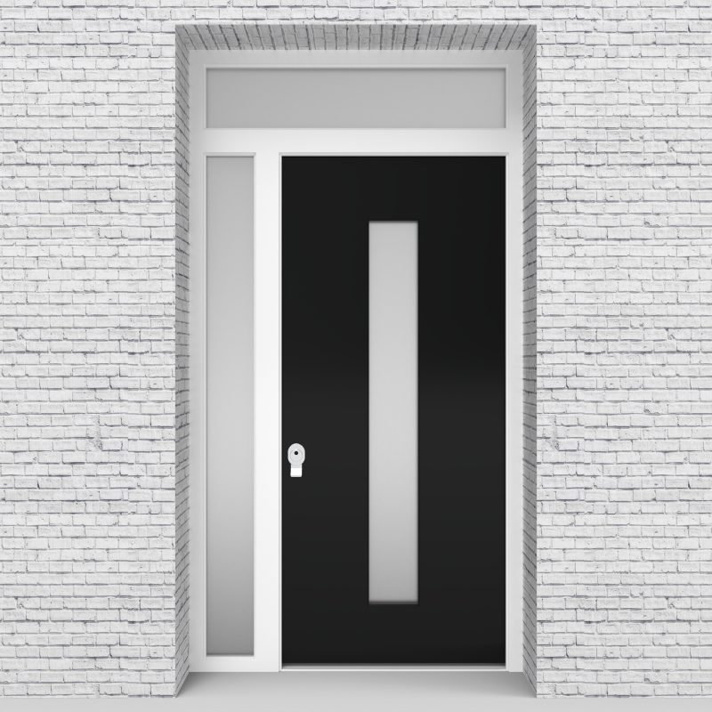 6.single Door With Left Side Panel And Transom Plain With Central Glass Jet Black (ral9005)