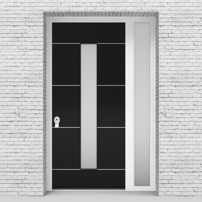 6.single Door With Right Side Panel 4 Aluminium Inlays With Central Glass Jet Black (ral9005)