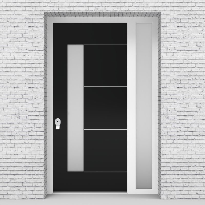 6.single Door With Right Side Panel 4 Aluminium Inlays With Lock Side Glass Jet Black (ral9005)