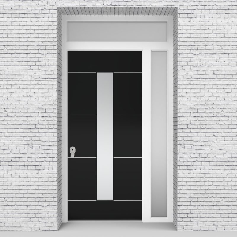 6.single Door With Right Side Panel And Transom 4 Aluminium Inlays With Central Glass Jet Black (ral9005)