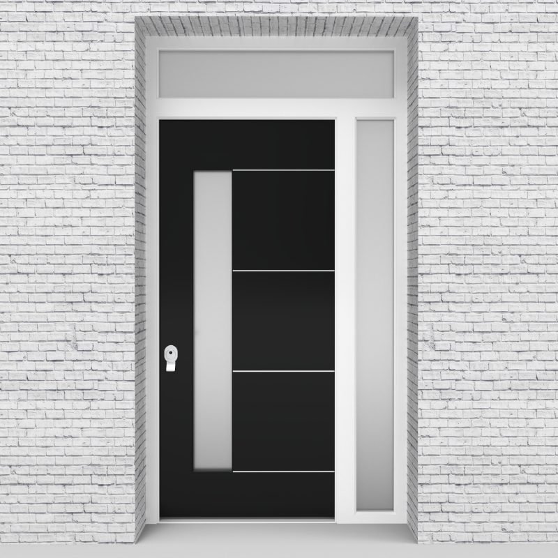 6.single Door With Right Side Panel And Transom 4 Aluminium Inlays With Lock Side Glass Jet Black (ral9005)