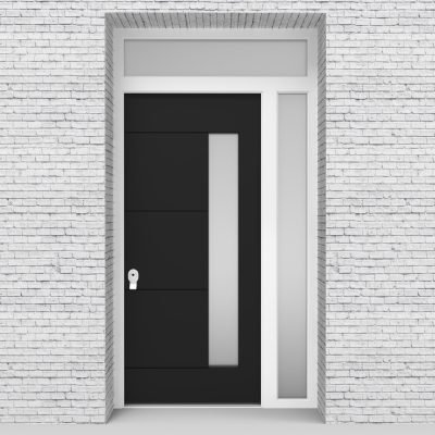 6.single Door With Right Side Panel And Transom 4 Horizontal Lines With Hinge Side Glass Jet Black (ral9005)