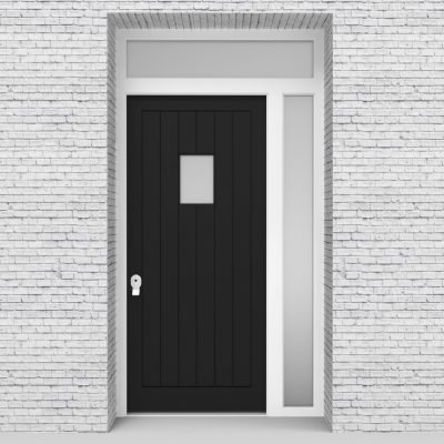 6.single Door With Right Side Panel And Transom 7 Vertical Lines With Rectangle Pane Jet Black (ral9005)