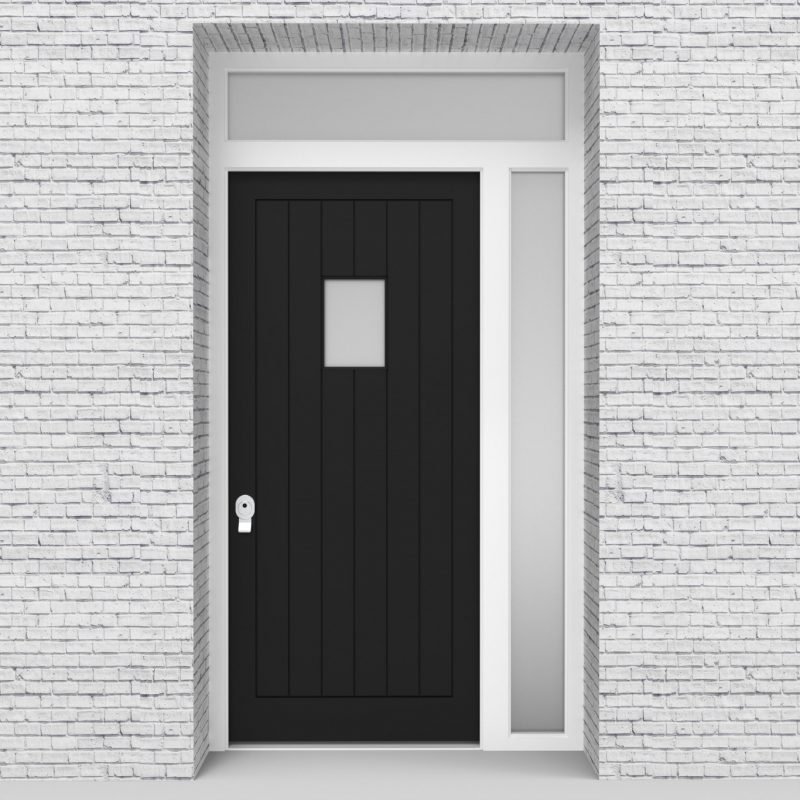 6.single Door With Right Side Panel And Transom 7 Vertical Lines With Rectangle Pane Jet Black (ral9005)