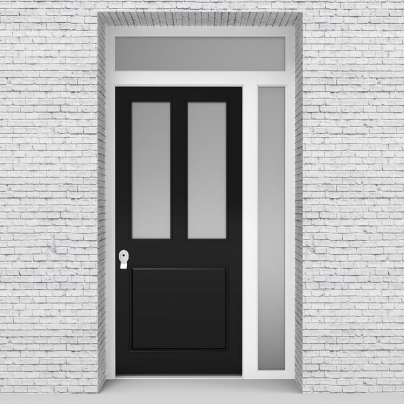6.single Door With Right Side Panel And Transom Edwardian 3 Panel With 2 Glass Panes Jet Black (ral9005)