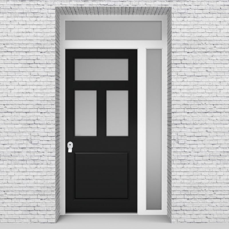 6.single Door With Right Side Panel And Transom Edwardian 4 Panel With 3 Glass Panes Jet Black (ral9005)