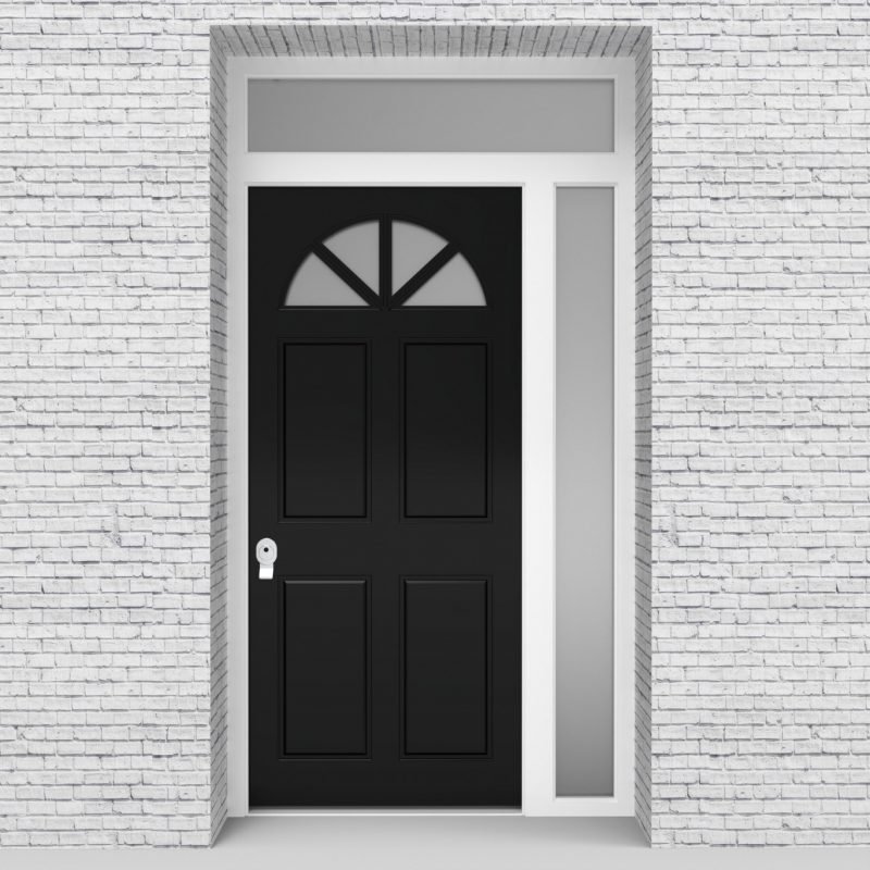 6.single Door With Right Side Panel And Transom Edwardian 4 Panel With Arched Glass Pane Jet Black (ral9005)