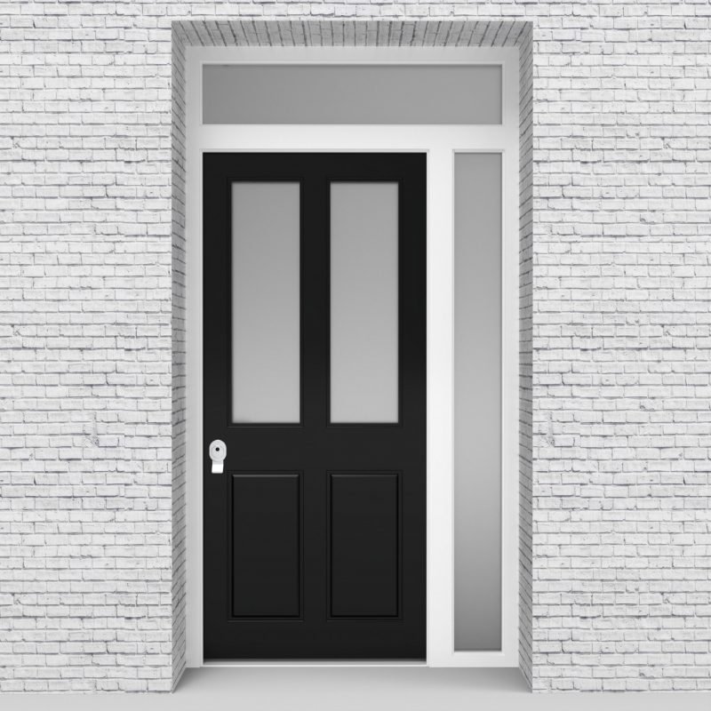 6.single Door With Right Side Panel And Transom Victorian 4 Panel With 2 Glass Panes Jet Black (ral9005)