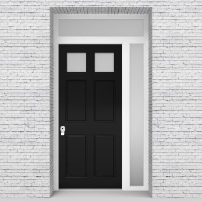 6.single Door With Right Side Panel And Transom Victorian 6 Panel With 2 Glass Panes Jet Black (ral9005)