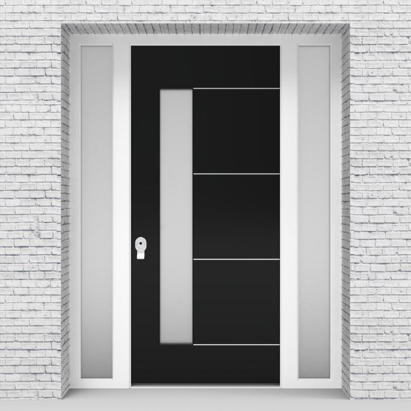 6.single Door With Two Side Panels 4 Aluminium Inlays With Lock Side Glass Jet Black (ral9005)