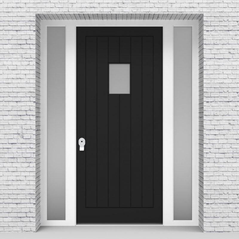 6.single Door With Two Side Panels 7 Vertical Lines With Rectangle Pane Jet Black (ral9005)