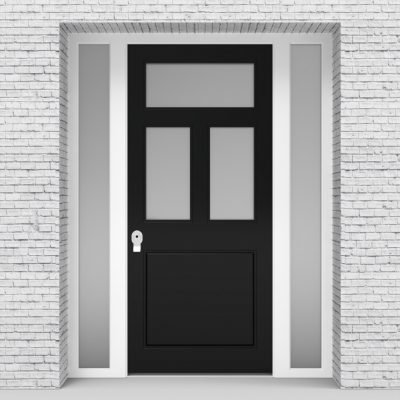 6.single Door With Two Side Panels Edwardian 4 Panel With 3 Glass Panes Jet Black (ral9005)