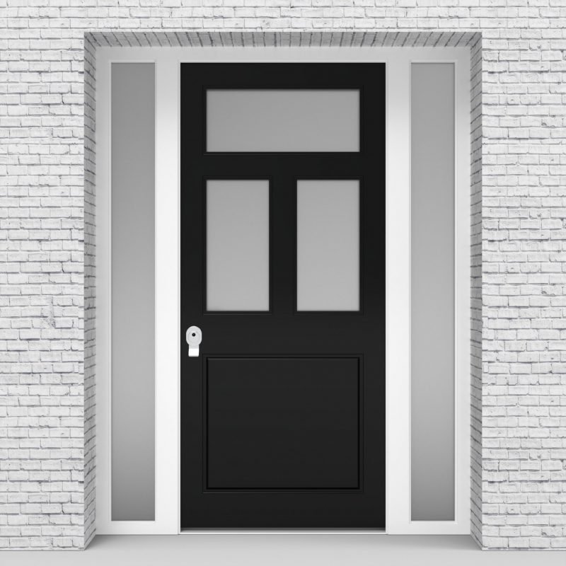 6.single Door With Two Side Panels Edwardian 4 Panel With 3 Glass Panes Jet Black (ral9005)