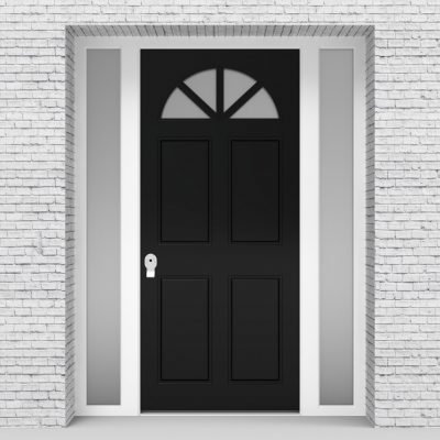 6.single Door With Two Side Panels Edwardian 4 Panel With Arched Glass Pane Jet Black (ral9005)