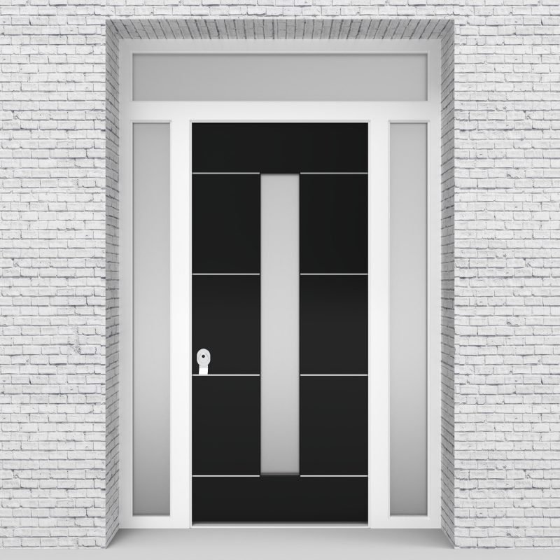 6.single Door With Two Side Panels And Transom 4 Aluminium Inlays With Central Glass Jet Black (ral9005)