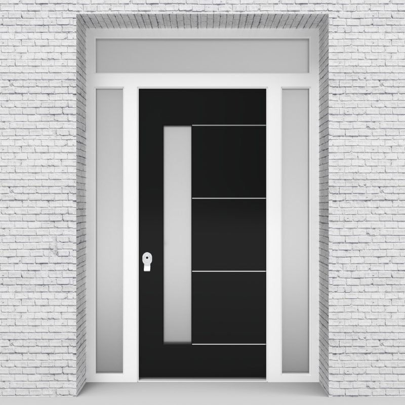 6.single Door With Two Side Panels And Transom 4 Aluminium Inlays With Lock Side Glass Jet Black (ral9005)