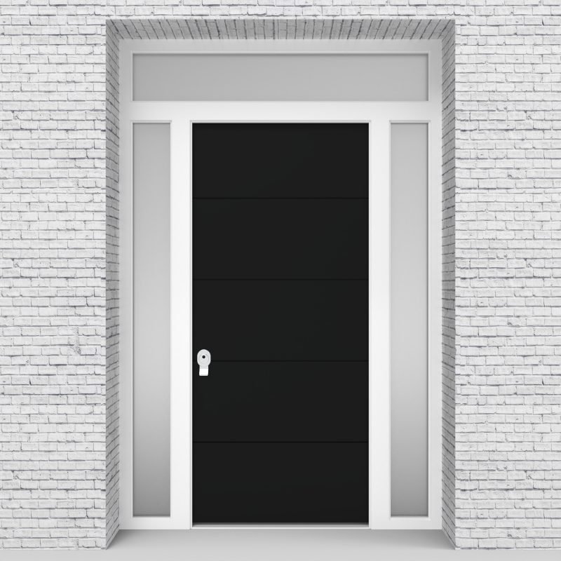 6.single Door With Two Side Panels And Transom 4 Horizontal Lines Jet Black (ral9005)