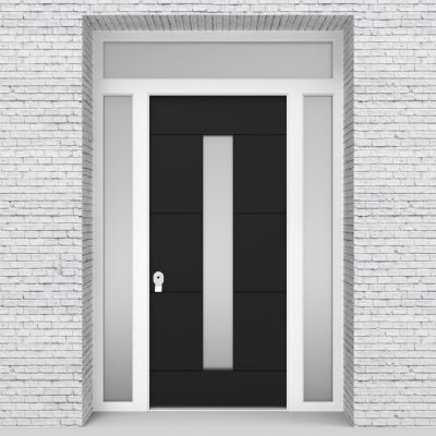 6.single Door With Two Side Panels And Transom 4 Horizontal Lines With Central Glass Jet Black (ral9005)