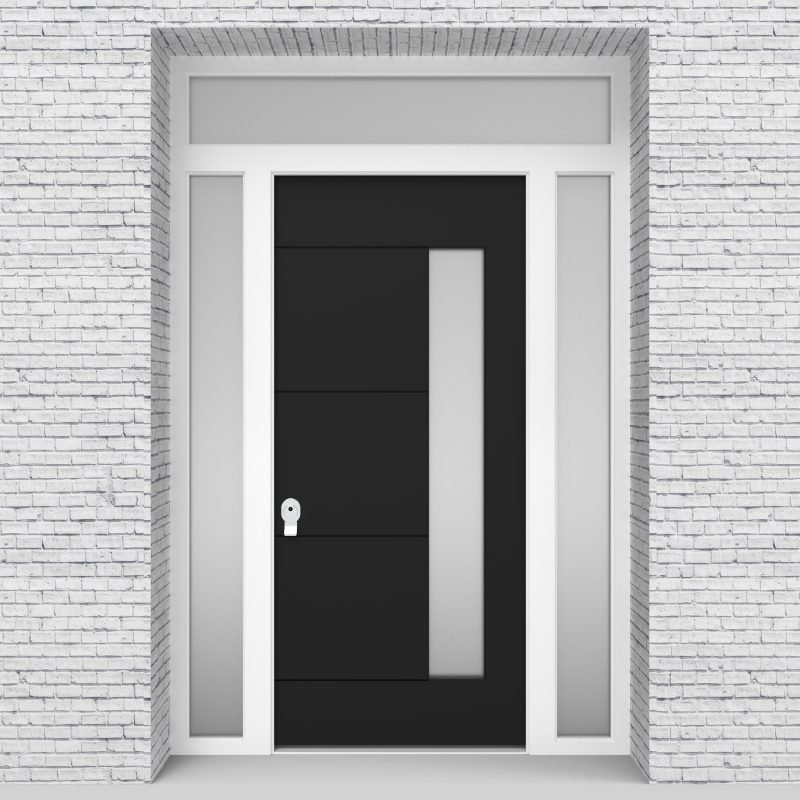 6.single Door With Two Side Panels And Transom 4 Horizontal Lines With Hinge Side Glass Jet Black (ral9005)