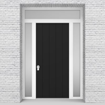 6.single Door With Two Side Panels And Transom 4 Vertical Lines Jet Black (ral9005)