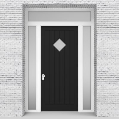 6.single Door With Two Side Panels And Transom 7 Vertical Lines With Diamond Pane Jet Black (ral9005)