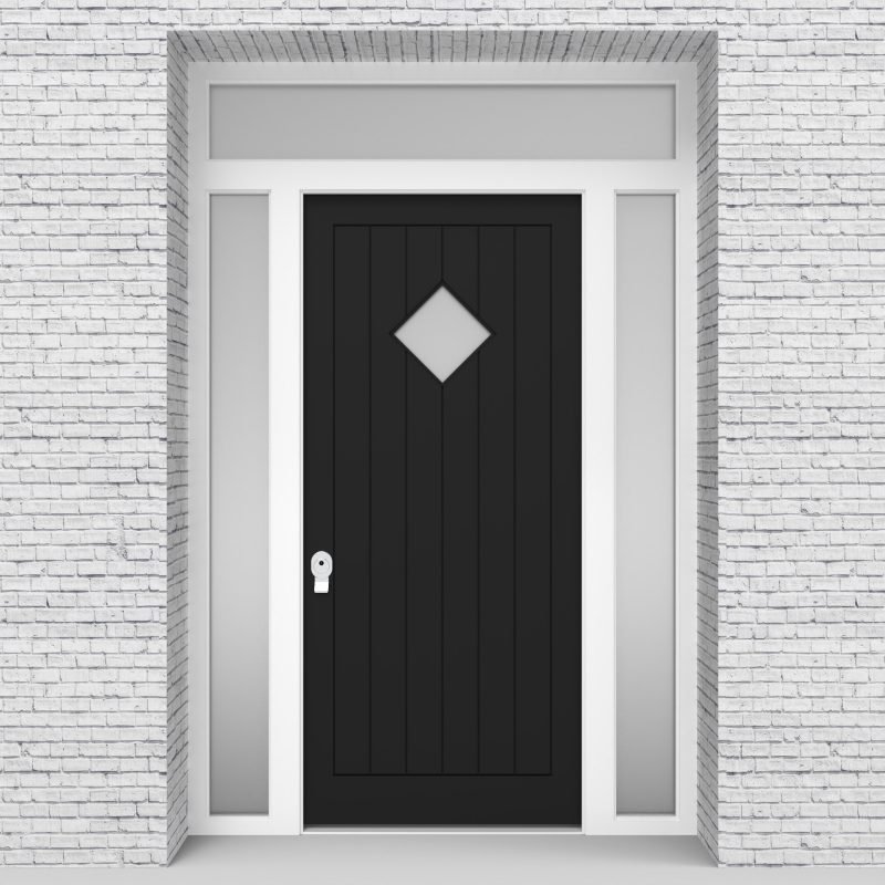 6.single Door With Two Side Panels And Transom 7 Vertical Lines With Diamond Pane Jet Black (ral9005)