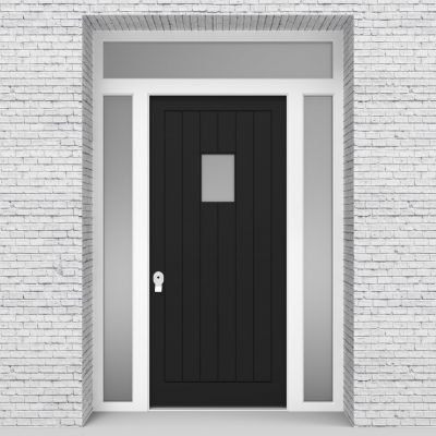 6.single Door With Two Side Panels And Transom 7 Vertical Lines With Rectangle Pane Jet Black (ral9005)