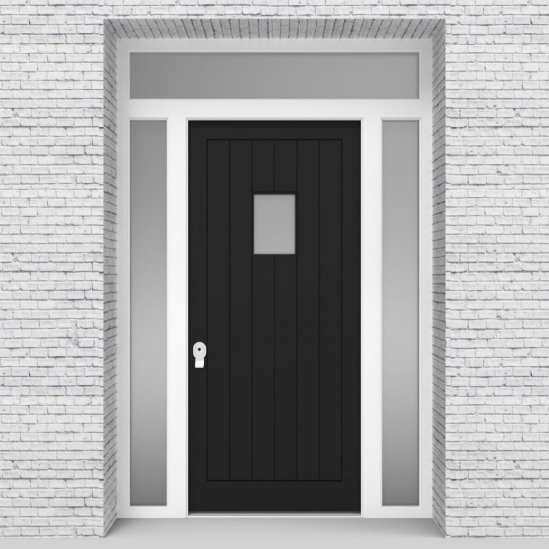 6.single Door With Two Side Panels And Transom 7 Vertical Lines With Rectangle Pane Jet Black (ral9005)