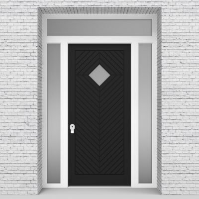 6.single Door With Two Side Panels And Transom Cottage Style With Diamond Pane Jet Black (ral9005)