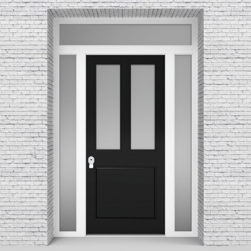 6.single Door With Two Side Panels And Transom Edwardian 3 Panel With 2 Glass Panes Jet Black (ral9005)