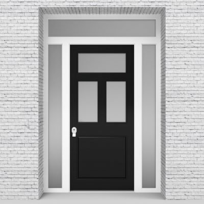 6.single Door With Two Side Panels And Transom Edwardian 4 Panel With 3 Glass Panes Jet Black (ral9005)